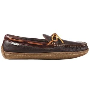 LL Bean Mens Handsewn Slippers Flannel Lined Brown Leather Moccasins 212164 Sz 7